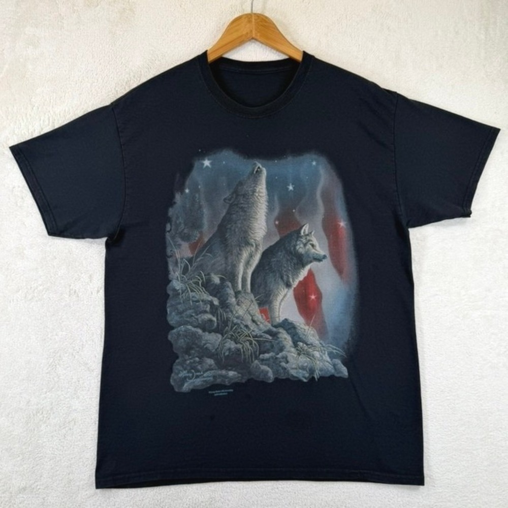 Vintage 90's Larry Zach JQ Licensing Wolf Graphic T-Shirt Black Nature Tee Sz M